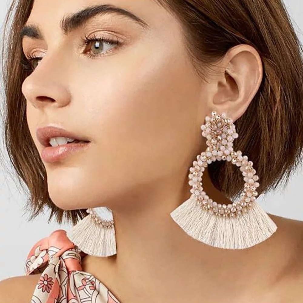 Nude/ beige beaded fashion tassel earrings